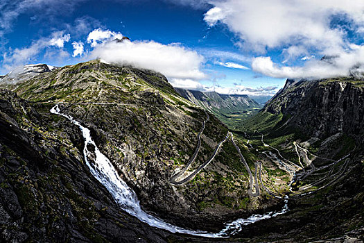 瀑布,蜿蜒,山路,道路,小路,靠近,西部,挪威,欧洲