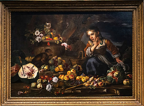 伯恩哈德凯尔,静物西瓜,苹果,无花果,石榴,桃和花,还有受到猴子惊吓的小女孩