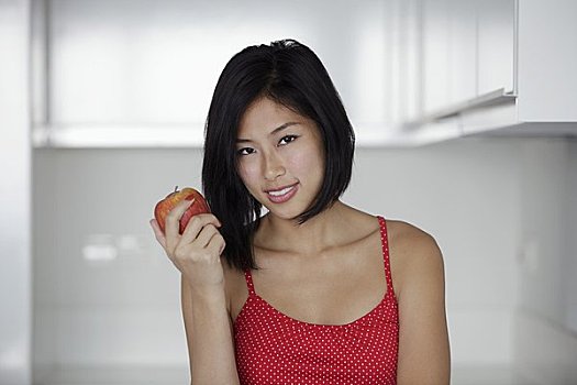 头像,女青年,拿着,红苹果,微笑