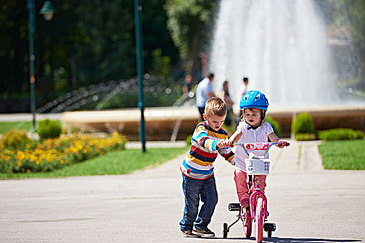男孩,女孩,公园,学习,乘,自行车
