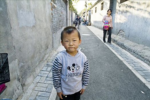 中国,北京,孩子,米老鼠,毛衣,姿势,摄影,胡同,小巷