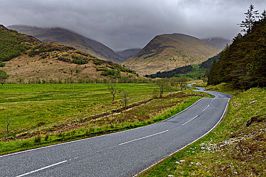 弯曲,乡间小路,山,阴天,尼维斯岛,靠近,堡垒,苏格兰,英国