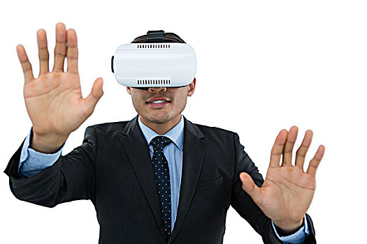 商务人士,手势,穿,虚拟现实,玻璃,白色背景