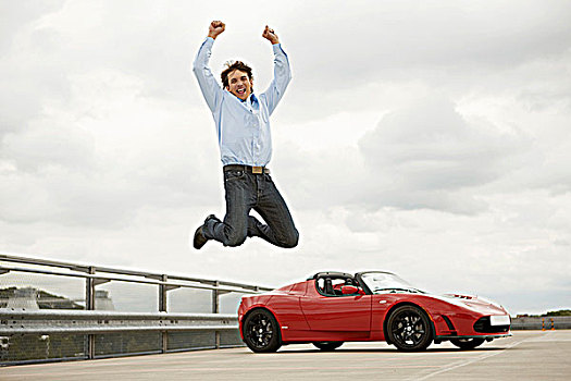 男人,跳跃,高兴,上方,电动汽车