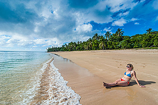 女人,放松,手掌,白沙滩,岛屿,汤加,南太平洋