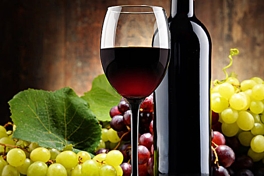 构图,玻璃杯,瓶子,红酒,新鲜,葡萄