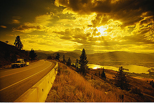 道路,风景,太阳,云,奥克纳根谷,不列颠哥伦比亚省,加拿大