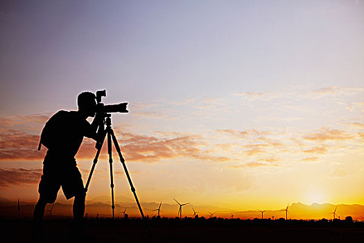 剪影,男人,照相,相机,日落