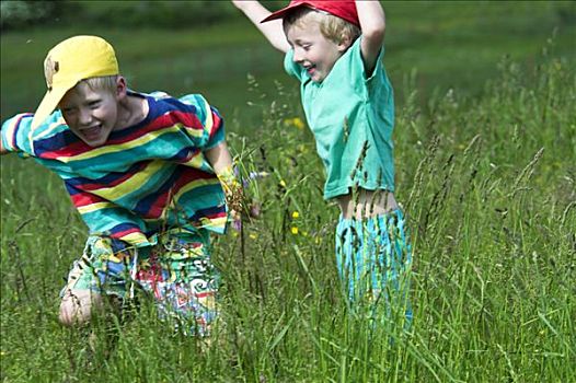 两个,小男孩,兄弟,6岁,8岁,跳跃,花,草地