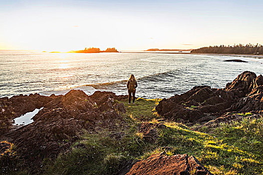 女人,看,日落,海岸,环太平洋国家公园,温哥华岛,不列颠哥伦比亚省,加拿大