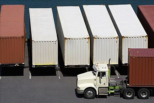 俯拍,卡车,货物集装箱,商业码头
