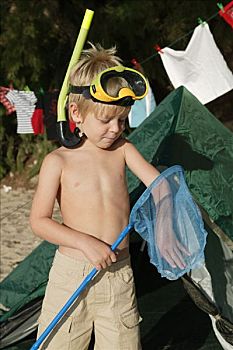 男孩,营地,渔网
