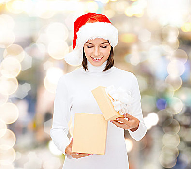 圣诞节,冬天,高兴,休假,人,概念,微笑,女人,圣诞老人,帽子,打开,礼盒,上方,背景