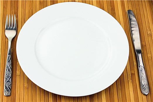 白色,盘子,刀,叉子,竹子,餐巾