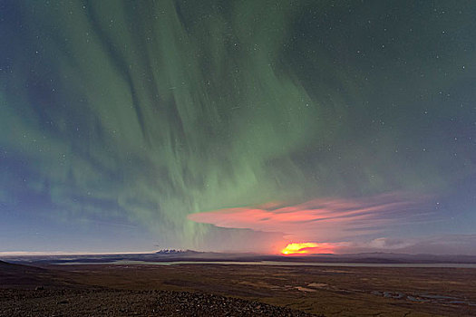 火山灰,云,裂缝,喷发,靠近,火山,北极光,高地,东北方,冰岛,欧洲