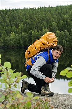 一个,男人,肖像,远足,湖,瑞典