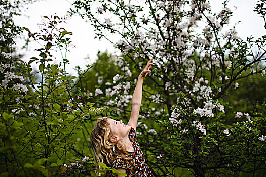 女孩,波状,金发,向上,树,花