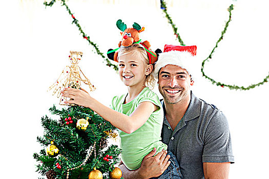 高兴,父亲,女儿,装饰,一起,圣诞树,在家