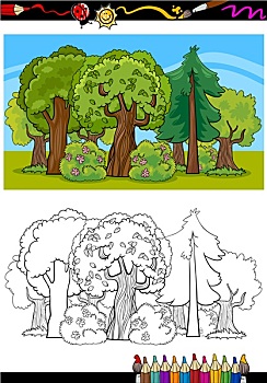树,树林,卡通,上色画册