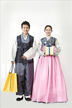 伴侣,韩国人,传统服装,拿着,礼盒