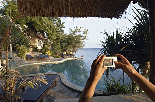 印度尼西亚,巴厘岛,特写,女人,手,拍照,游泳池