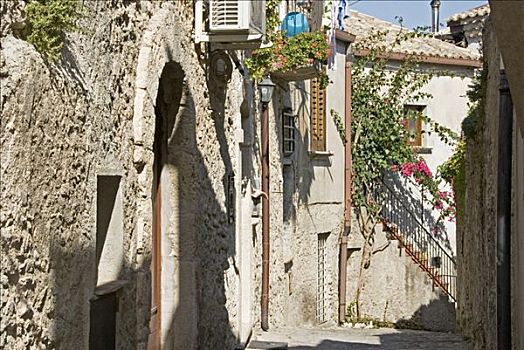 狭窄,小路,老,石头,建筑,卡拉布里亚,意大利南部