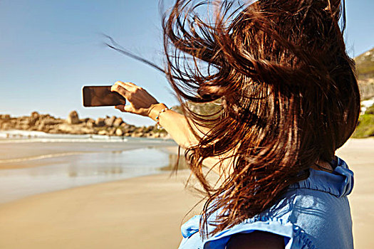 成年,女人,海滩,智能手机,后视图