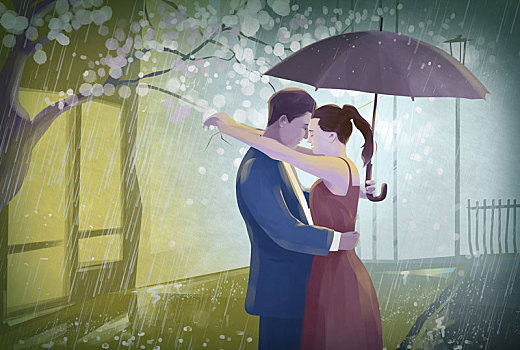 插画,情侣,伞,搂抱,雨