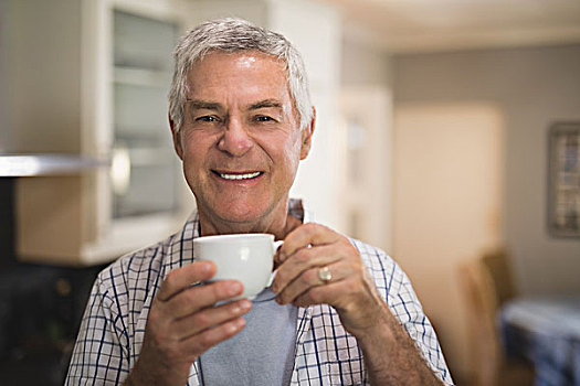 头像,老人,拿着,咖啡杯,在家,微笑