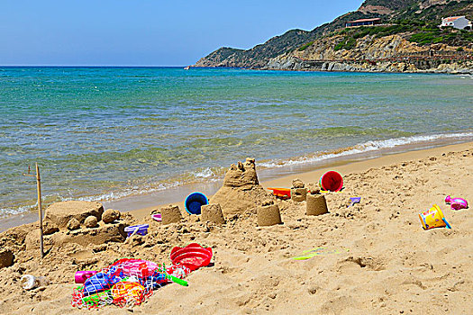 沙堡,海滩,玩具,省,萨丁尼亚,意大利,欧洲