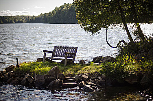 木制长椅,草,岩石,区域,湖