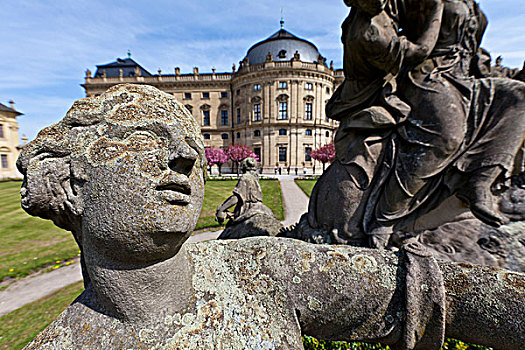 雕塑,正面,维尔茨堡,住宅,巴洛克,宫殿,世界遗产,花园,建造,巴伐利亚,德国,欧洲