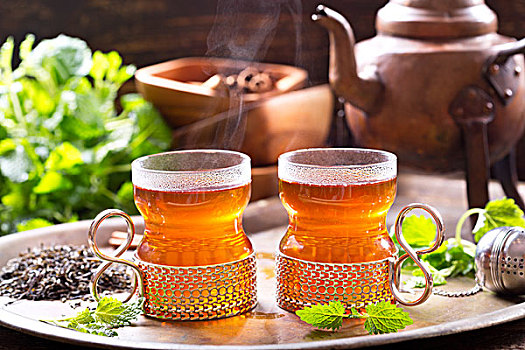 玻璃杯,热,茶,茶壶