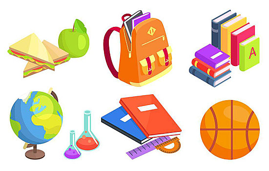 收藏,物体,插画,学校,隔绝,矢量,卡通,风格,午餐,食物,背包,堆,书本,地球仪,实验室,长颈瓶,篮球,球
