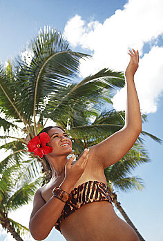 夏威夷,瓦胡岛,玻利尼西亚人,草裙舞,微笑,跳舞,椰树,树,背景