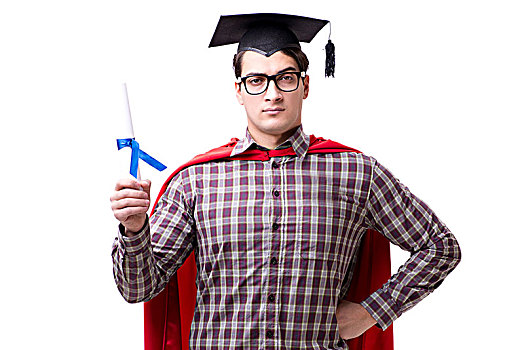 超级英雄,学生,戴着,学士帽,帽,隔绝,白色背景