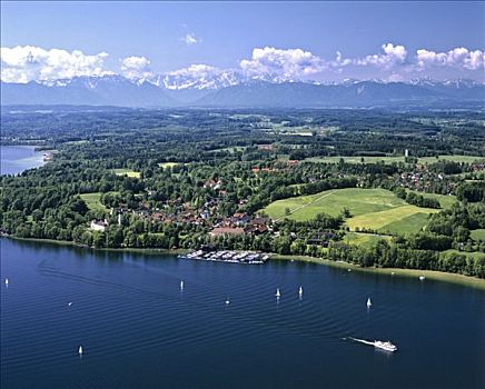 湖,全景,阿尔卑斯山,上巴伐利亚,德国,欧洲,航拍