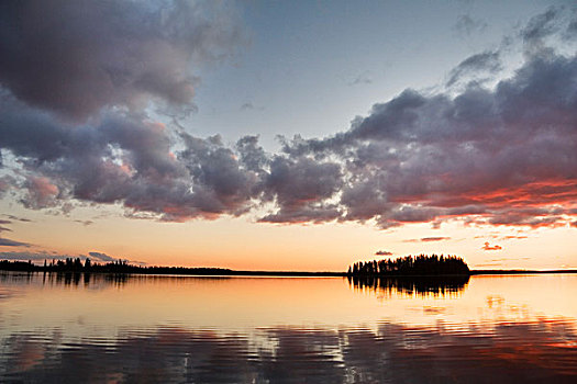 日落,上方,湖,麋鹿,岛屿,国家公园,艾伯塔省,加拿大