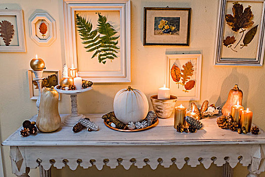 桌子,秋天,装饰,蜡烛,画框,叶子