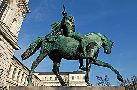 骑马,雕塑,正面,学院,艺术,街道,慕尼黑,巴伐利亚,德国,欧洲