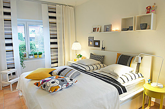 帘,垫子,地理,灰色,黄色,图案,增加,友好,设计师,接触,白色,卧室