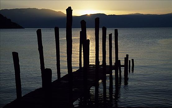 太阳,后面,山,阿蒂特兰湖,创作,剪影,老,捕鱼,码头