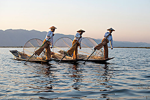 三个,腿,划船,渔民,站立,船,茵莱湖