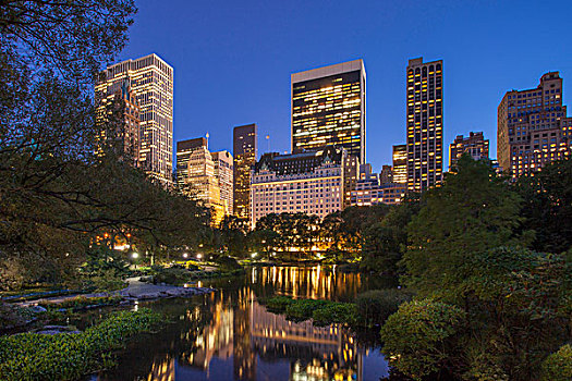 中央公园,黎明,反射,曼哈顿中城,建筑,纽约,美国