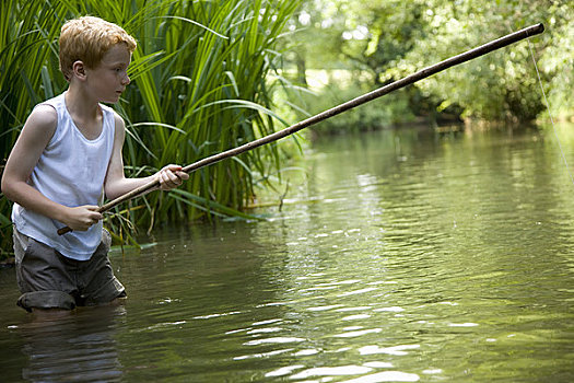男孩,钓鱼,河,腿,水