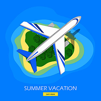 暑假,网络,旗帜,现代,客机,飞跃,绿色,热带海岛,海滩,海洋,矢量,插画,休闲,异域风情,旅行,航空公司,降落,设计,风格,夏天