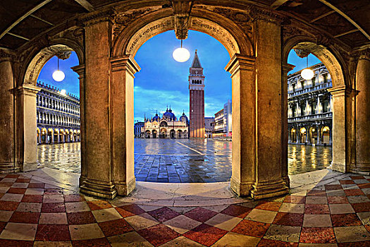 走廊,夜景,圣马可广场,威尼斯,意大利