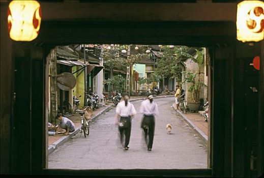 越南,惠安,两个人,走,桥,后视图