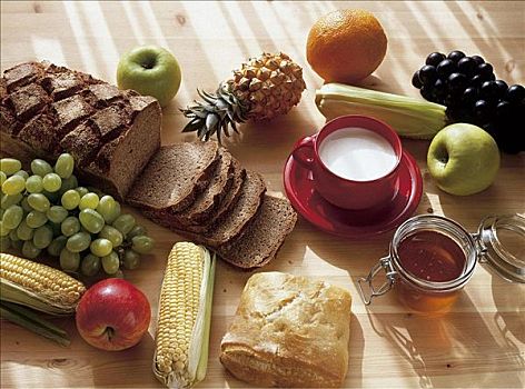 牛奶,蜂蜜,蔬菜,水果,早餐,有益健康,食物