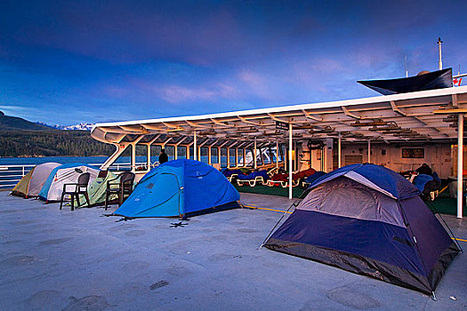 乘客,帐篷,日光浴室,甲板,阿拉斯加,海洋,公路,哥伦比亚,渡轮,东南阿拉斯加,夏天